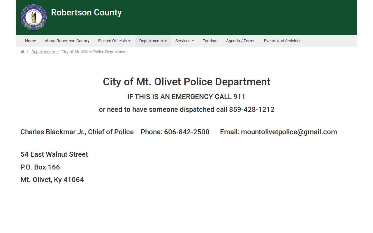 Official Mount Olivet Police Department contact page