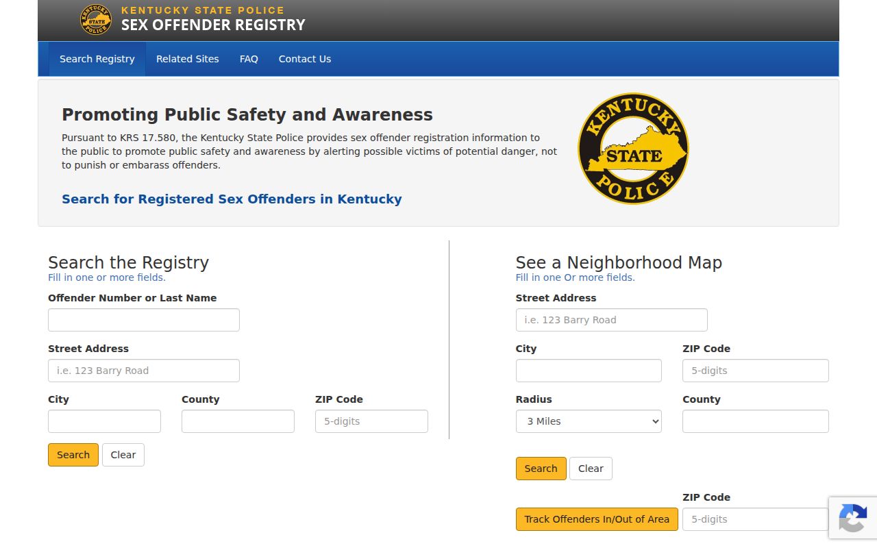Official KSP registry search and alert interface used for Robertson County